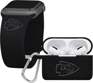 GAME TIME Kansas City Chiefs Engraved Silicone Combo Package Compatible with Apple Watch and Airpods Pro Battery Case (42/44mm Black/Black)