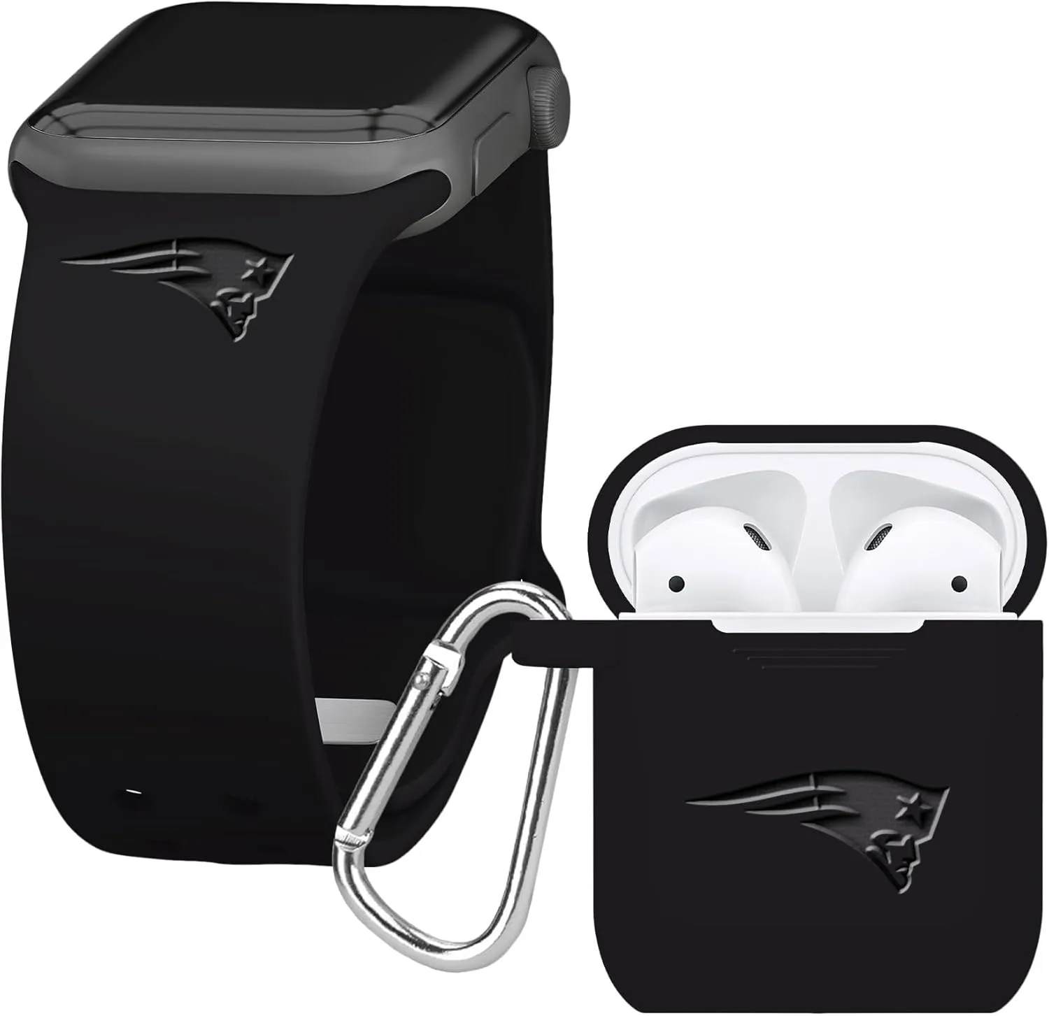 Game Time New England Patriots Engraved Silicone Combo Package Compatible with Apple Watch and AirPods Battery Case (42/44mm Black/Black)
