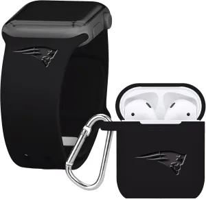 Game Time New England Patriots Engraved Silicone Combo Package Compatible with Apple Watch and AirPods Battery Case (42/44mm Black/Black)
