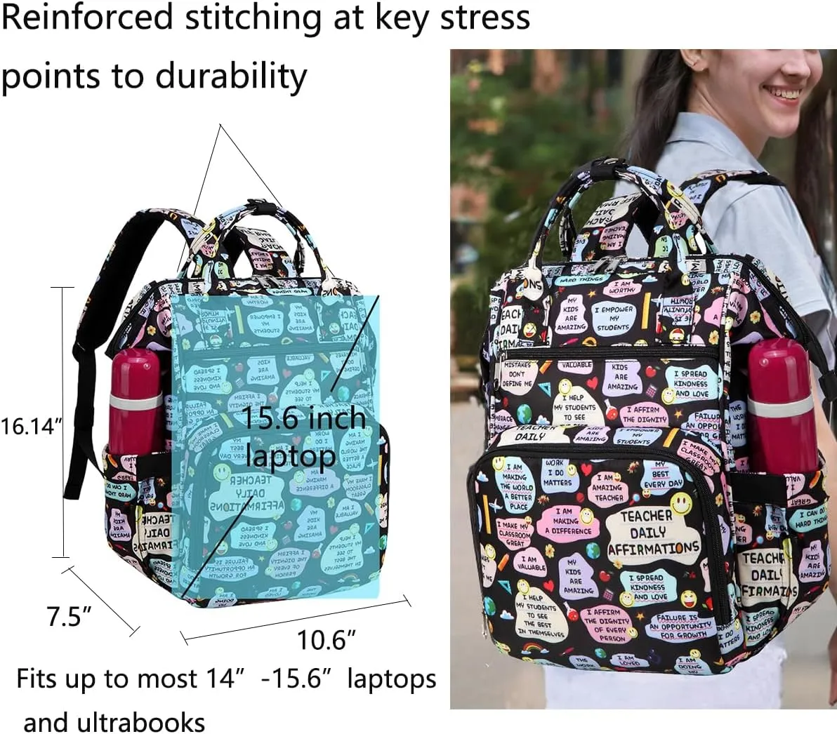 Gatycallaty Teacher Backpack for Women Laptop Computer Bag Office Educators Waterproof Work Bags Carry on Travel Back Pack Large Capacity (smile, 15.6 inches)
