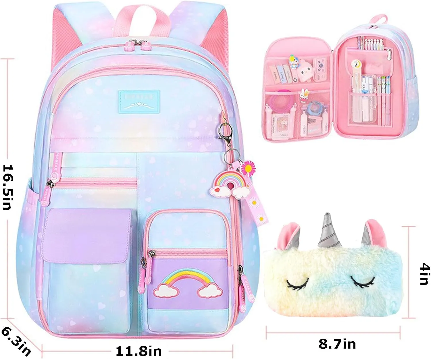 Girls Gradient Rainbow Backpack,Cute Student School Backpack With Pen Bag,Starry Rainbow Laptop Travel Bag-Blue