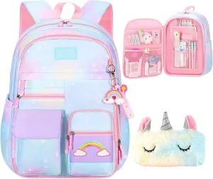 Girls Gradient Rainbow Backpack,Cute Student School Backpack With Pen Bag,Starry Rainbow Laptop Travel Bag-Blue