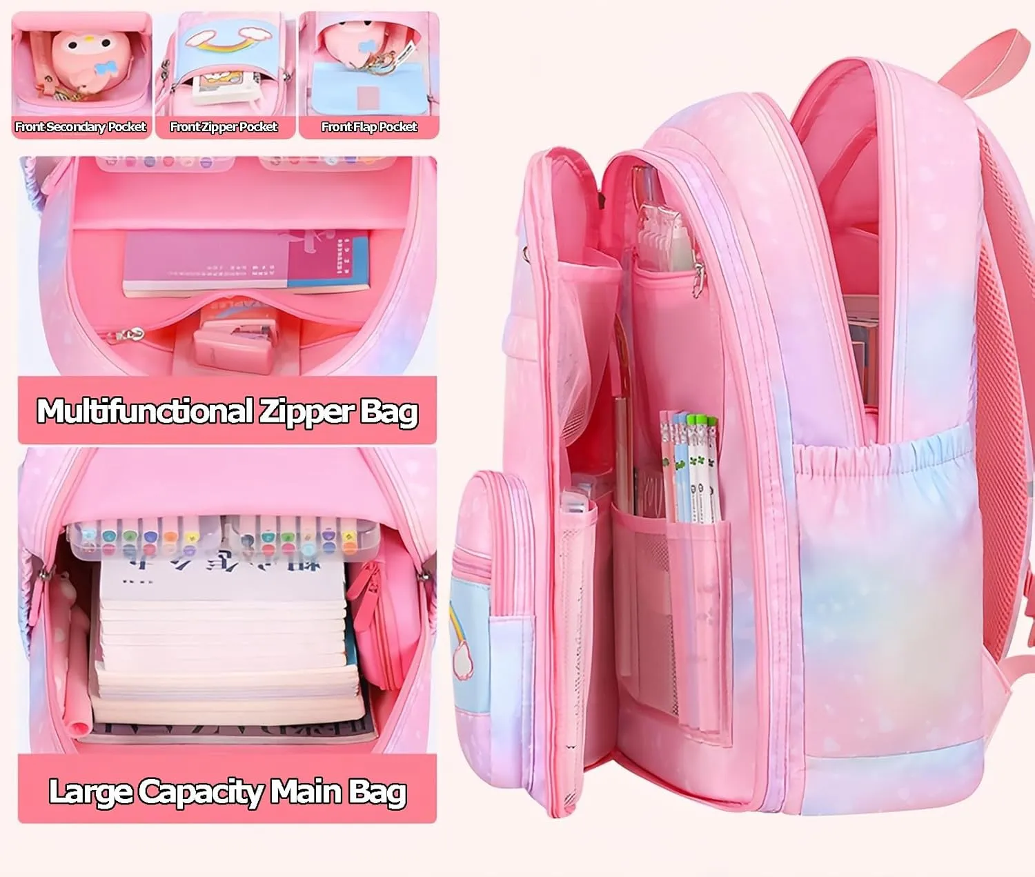 Girls Gradient Rainbow Backpack,Cute Student School Backpack With Pen Bag,Starry Rainbow Laptop Travel Bag-Blue