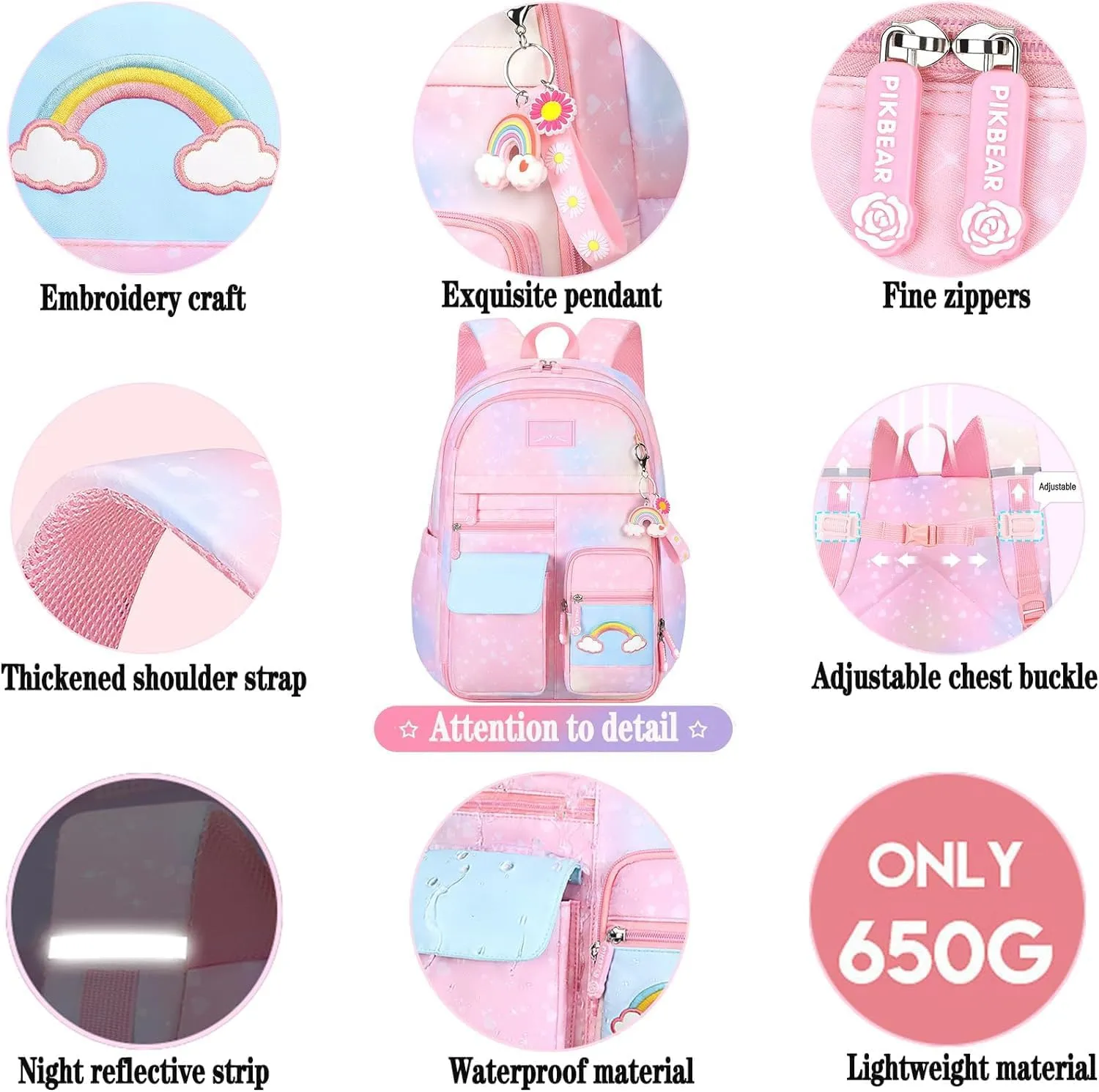 Girls Gradient Rainbow Backpack,Cute Student School Backpack With Pen Bag,Starry Rainbow Laptop Travel Bag-Blue