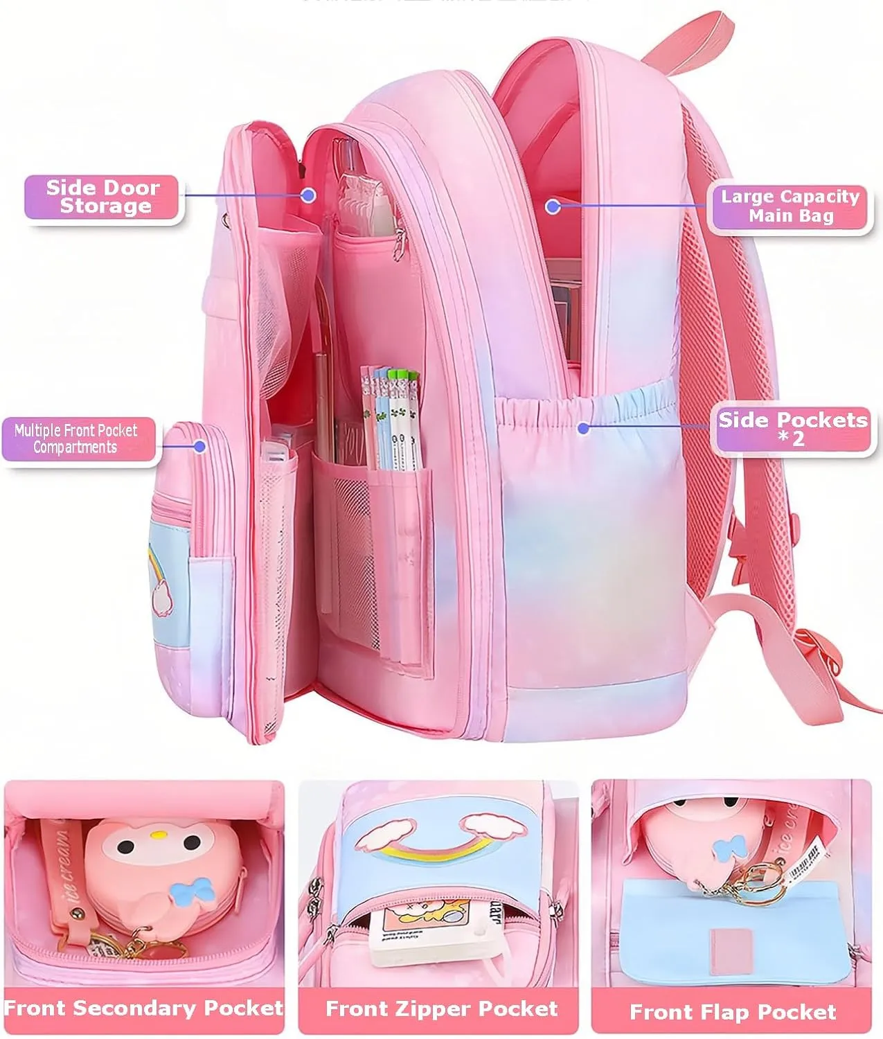 Girls Gradient Rainbow Backpack,Cute Student School Backpack With Pen Bag,Starry Rainbow Laptop Travel Bag-Blue