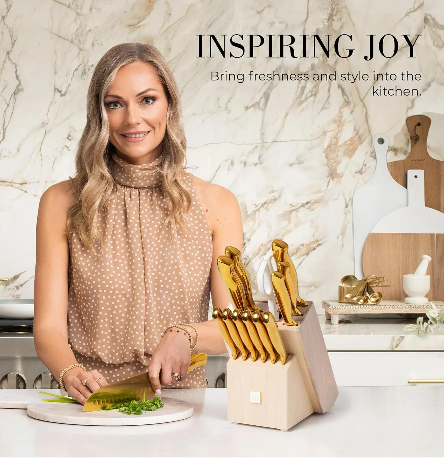 Gold Knife Set for Kitchen with Block and Sharpener – 14-Piece Razor Sharp Titanium Gold Knives with Ashwood Block and Built-In Sharpener – Stylish Kitchen Accessories for Cooking and Prep