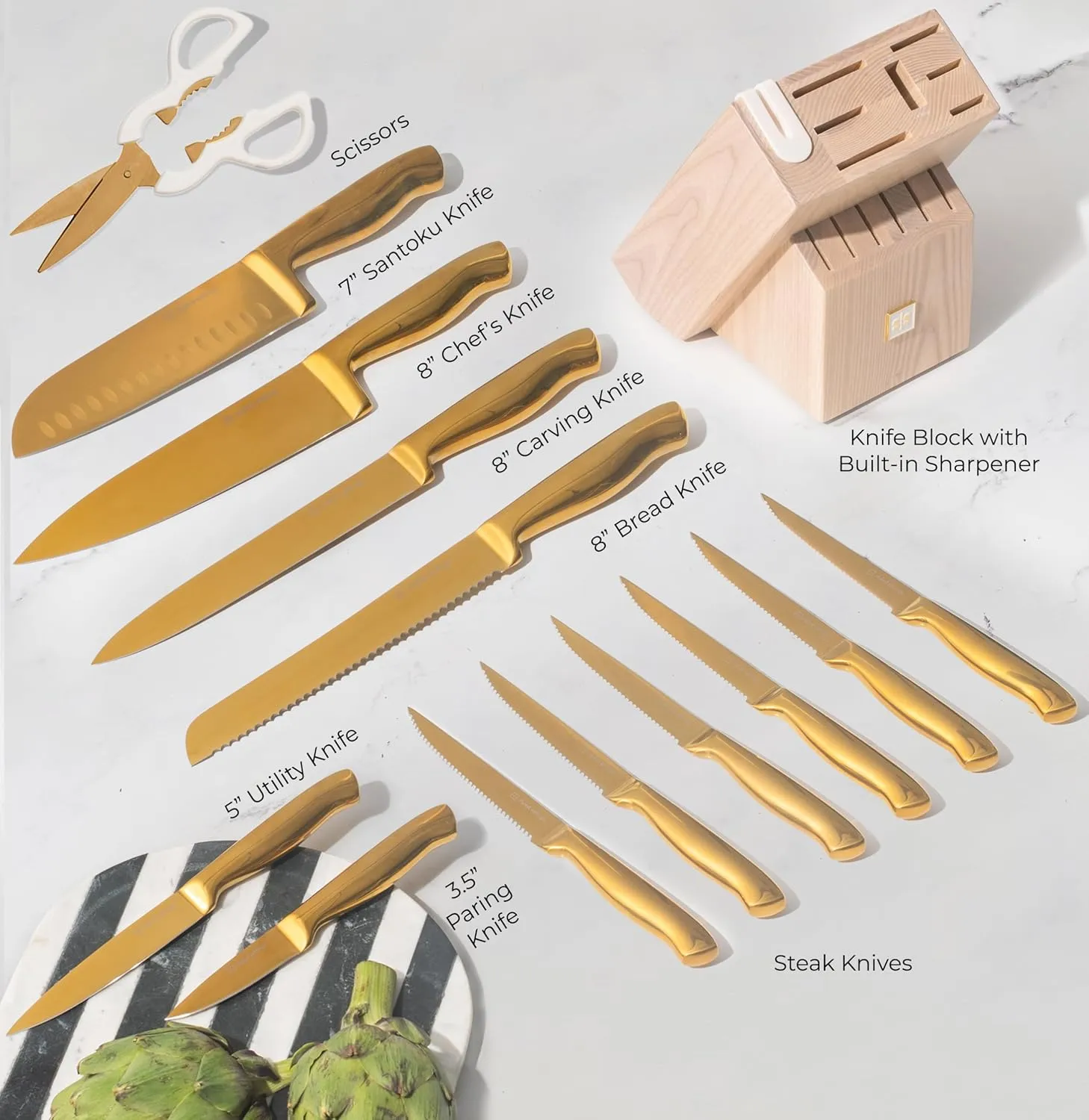 Gold Knife Set for Kitchen with Block and Sharpener – 14-Piece Razor Sharp Titanium Gold Knives with Ashwood Block and Built-In Sharpener – Stylish Kitchen Accessories for Cooking and Prep