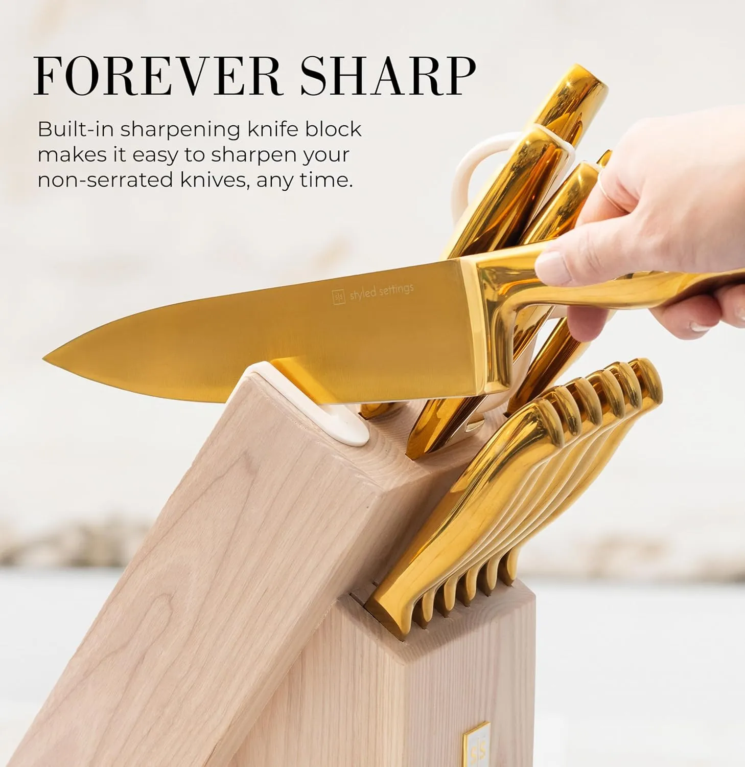 Gold Knife Set for Kitchen with Block and Sharpener – 14-Piece Razor Sharp Titanium Gold Knives with Ashwood Block and Built-In Sharpener – Stylish Kitchen Accessories for Cooking and Prep