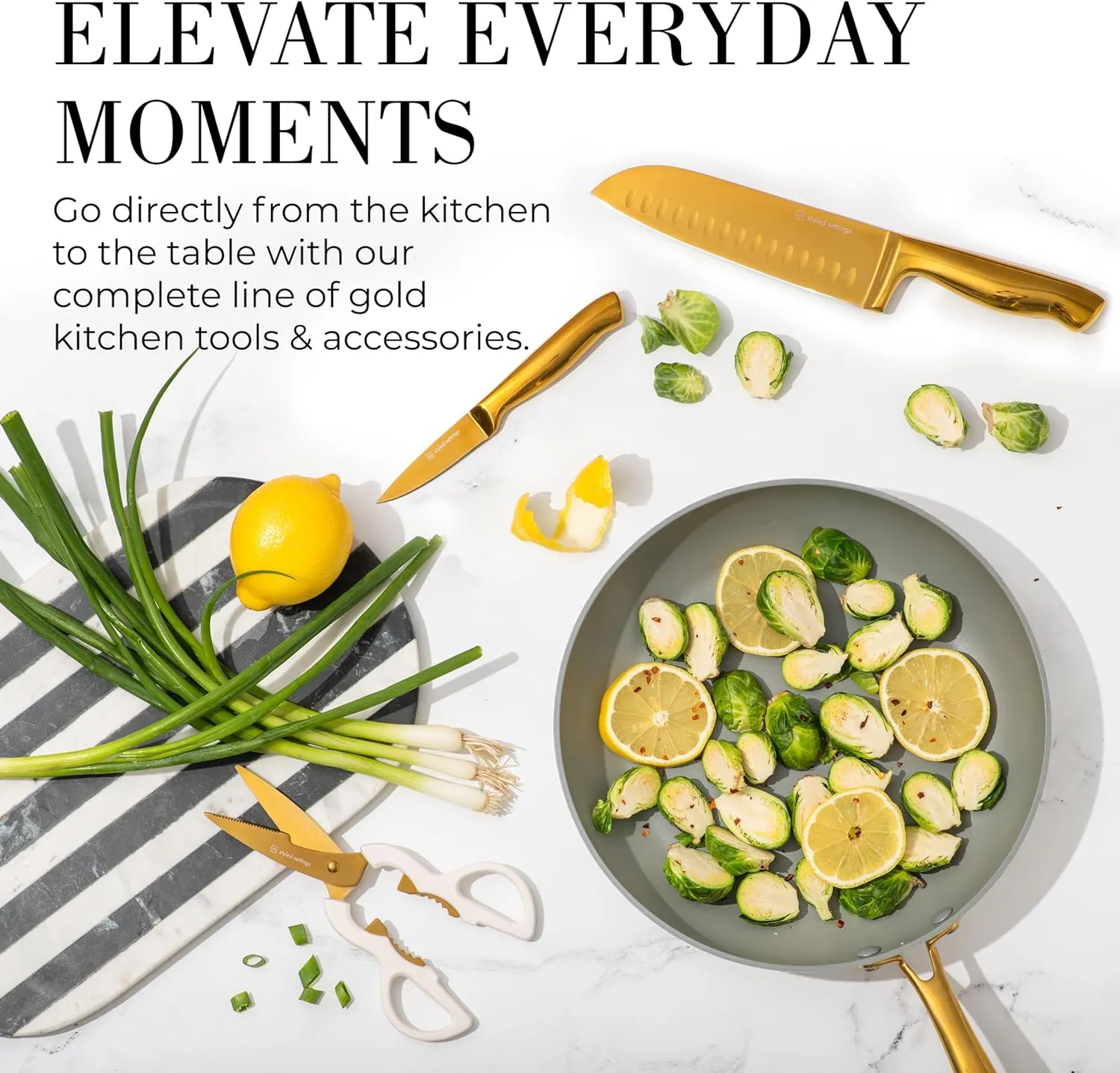 Gold Knife Set for Kitchen with Block and Sharpener – 14-Piece Razor Sharp Titanium Gold Knives with Ashwood Block and Built-In Sharpener – Stylish Kitchen Accessories for Cooking and Prep