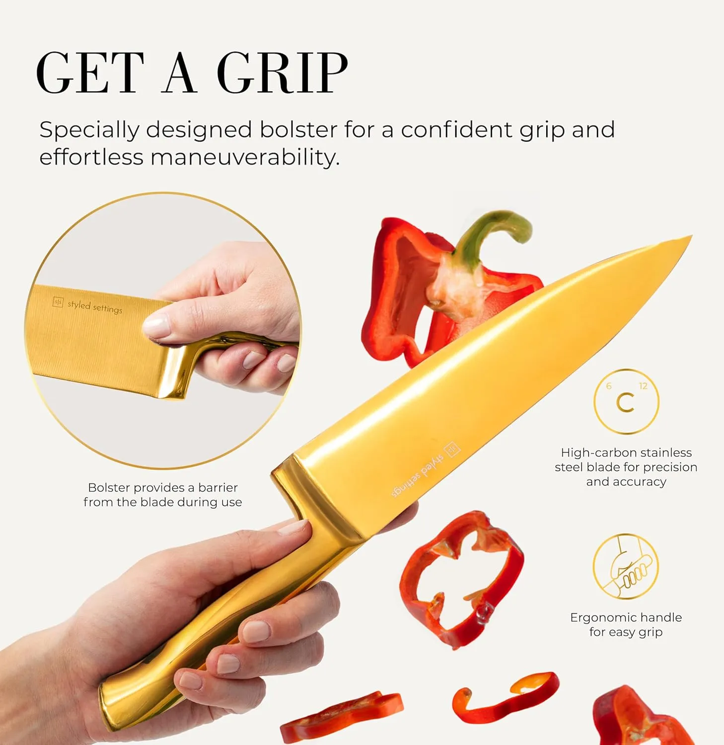 Gold Knife Set for Kitchen with Block and Sharpener – 14-Piece Razor Sharp Titanium Gold Knives with Ashwood Block and Built-In Sharpener – Stylish Kitchen Accessories for Cooking and Prep