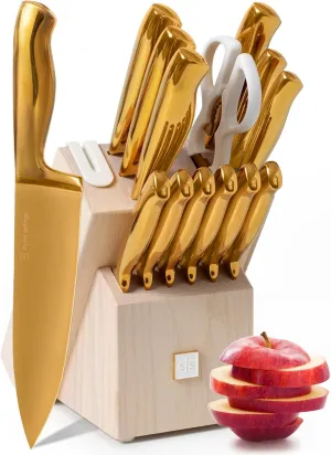 Gold Knife Set for Kitchen with Block and Sharpener – 14-Piece Razor Sharp Titanium Gold Knives with Ashwood Block and Built-In Sharpener – Stylish Kitchen Accessories for Cooking and Prep