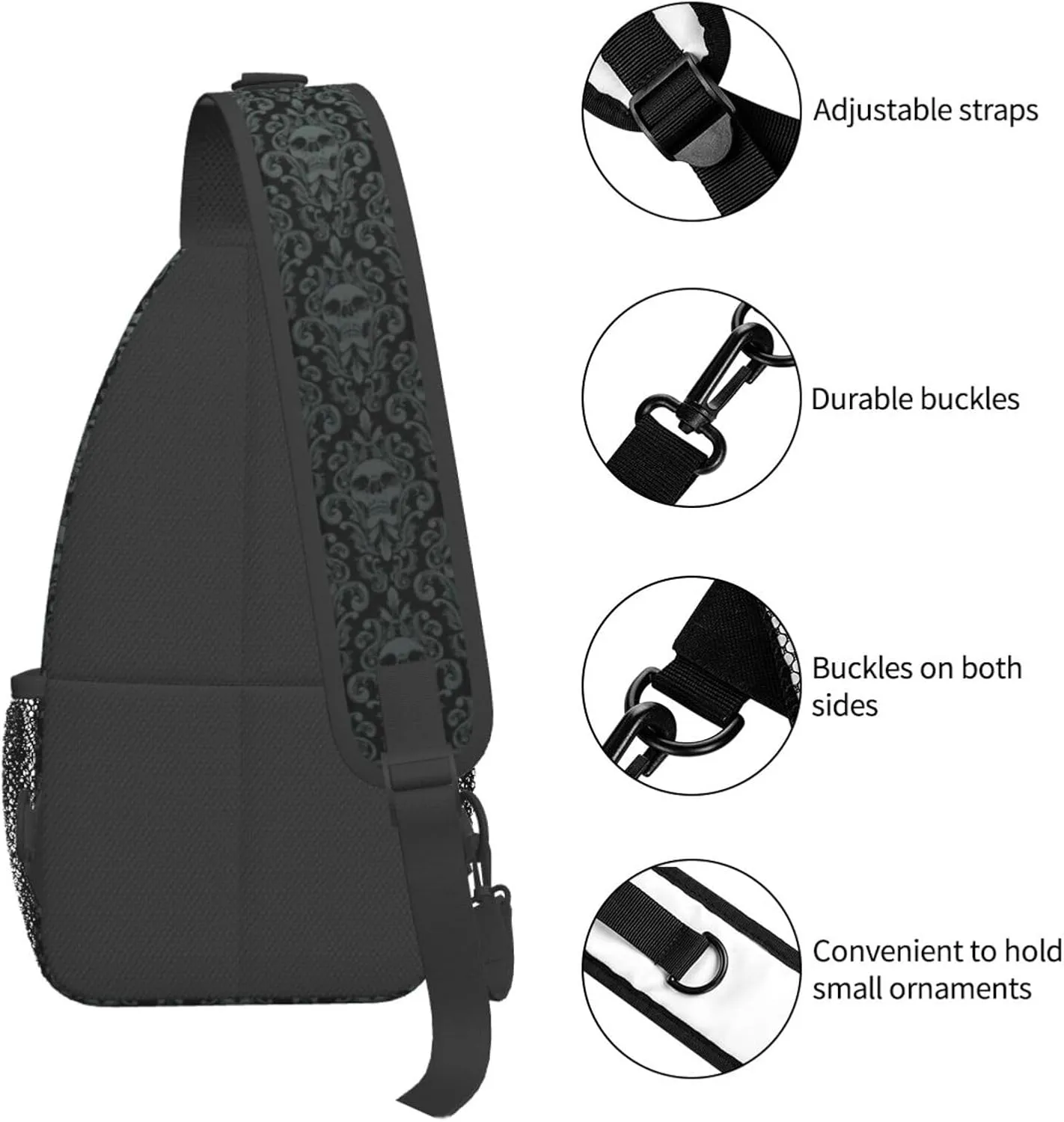Gothic Black Skull Sling Backpack Hiking Backpack Crossbody Bag Sports Lightweight And waterproof Chest Bag Shoulder Bag For Women Men