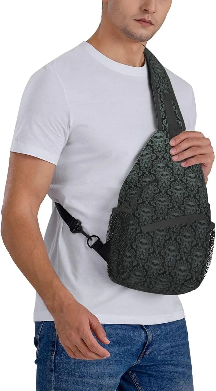 Gothic Black Skull Sling Backpack Hiking Backpack Crossbody Bag Sports Lightweight And waterproof Chest Bag Shoulder Bag For Women Men