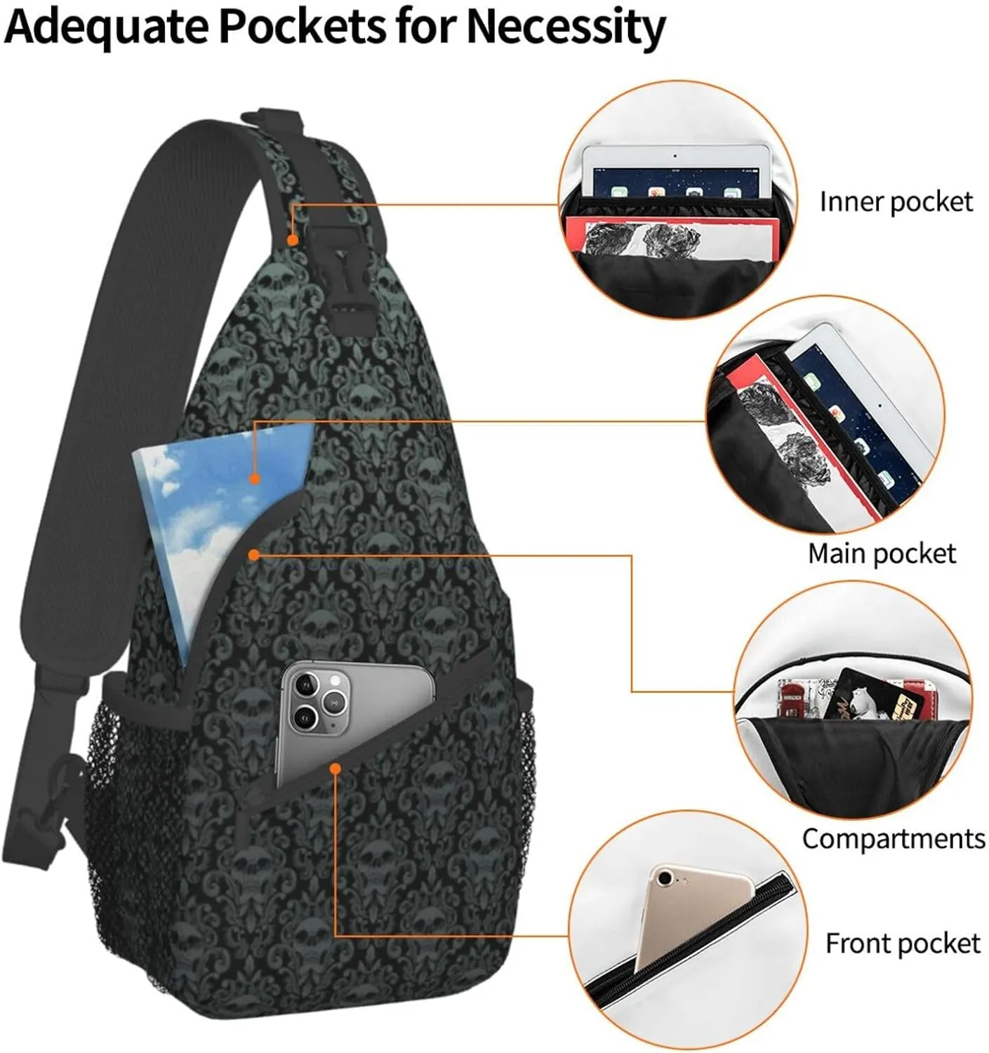 Gothic Black Skull Sling Backpack Hiking Backpack Crossbody Bag Sports Lightweight And waterproof Chest Bag Shoulder Bag For Women Men