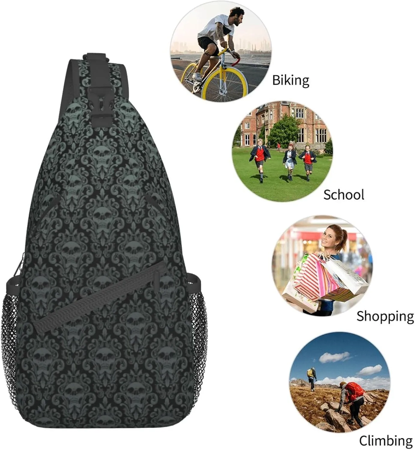 Gothic Black Skull Sling Backpack Hiking Backpack Crossbody Bag Sports Lightweight And waterproof Chest Bag Shoulder Bag For Women Men