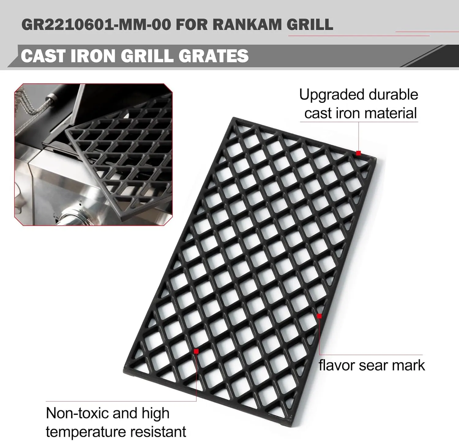 GR2210601-MM-00 Grill Grates for Members Mark Grill Replacement Parts 5 Burner GR2210601 MM 00 Rankam Grill Part GR2210601MM00 Cooking Grates Grillpro Perfect Flame 276964L Sams Club Grate Replacement