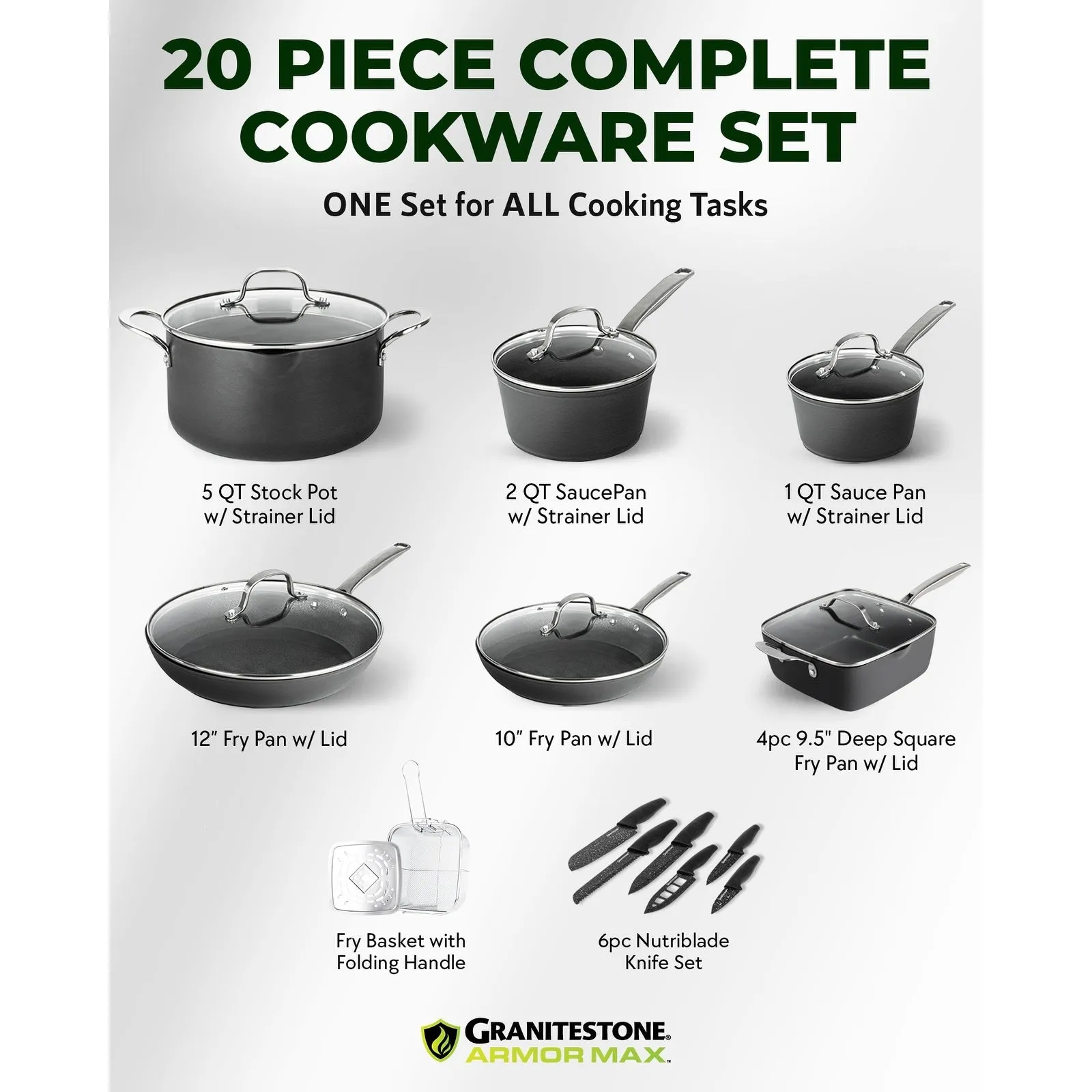 Granitestone Armor Max 20 Piece Hard Anodized Nonstick Cookware Set