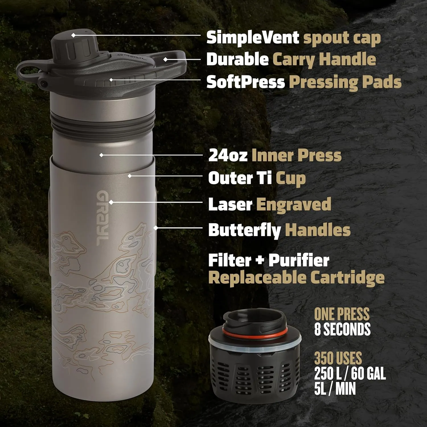 GRAYL GeoPress Titanium 24 oz Water Purifier Bottle with Cooking Lid - Filter for Hiking, Camping, Survival, Travel (Covert Black)