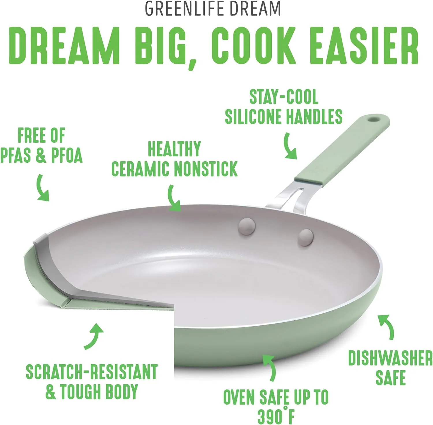 GreenLife 10-Piece Ceramic Nonstick Cookware Set, Dishwasher & Oven Safe, Silicone Stay-Cool Handles, PFAS-Free Ceramic Coated Pots and Pans with Lids, Healthy Kitchen Cooking Set, Dream Sage Green