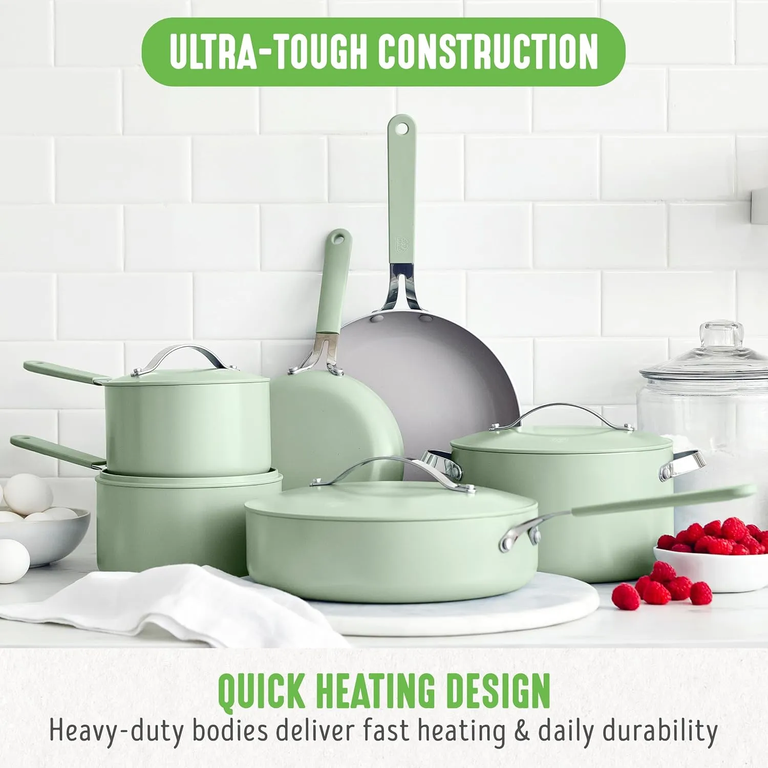 GreenLife 10-Piece Ceramic Nonstick Cookware Set, Dishwasher & Oven Safe, Silicone Stay-Cool Handles, PFAS-Free Ceramic Coated Pots and Pans with Lids, Healthy Kitchen Cooking Set, Dream Sage Green