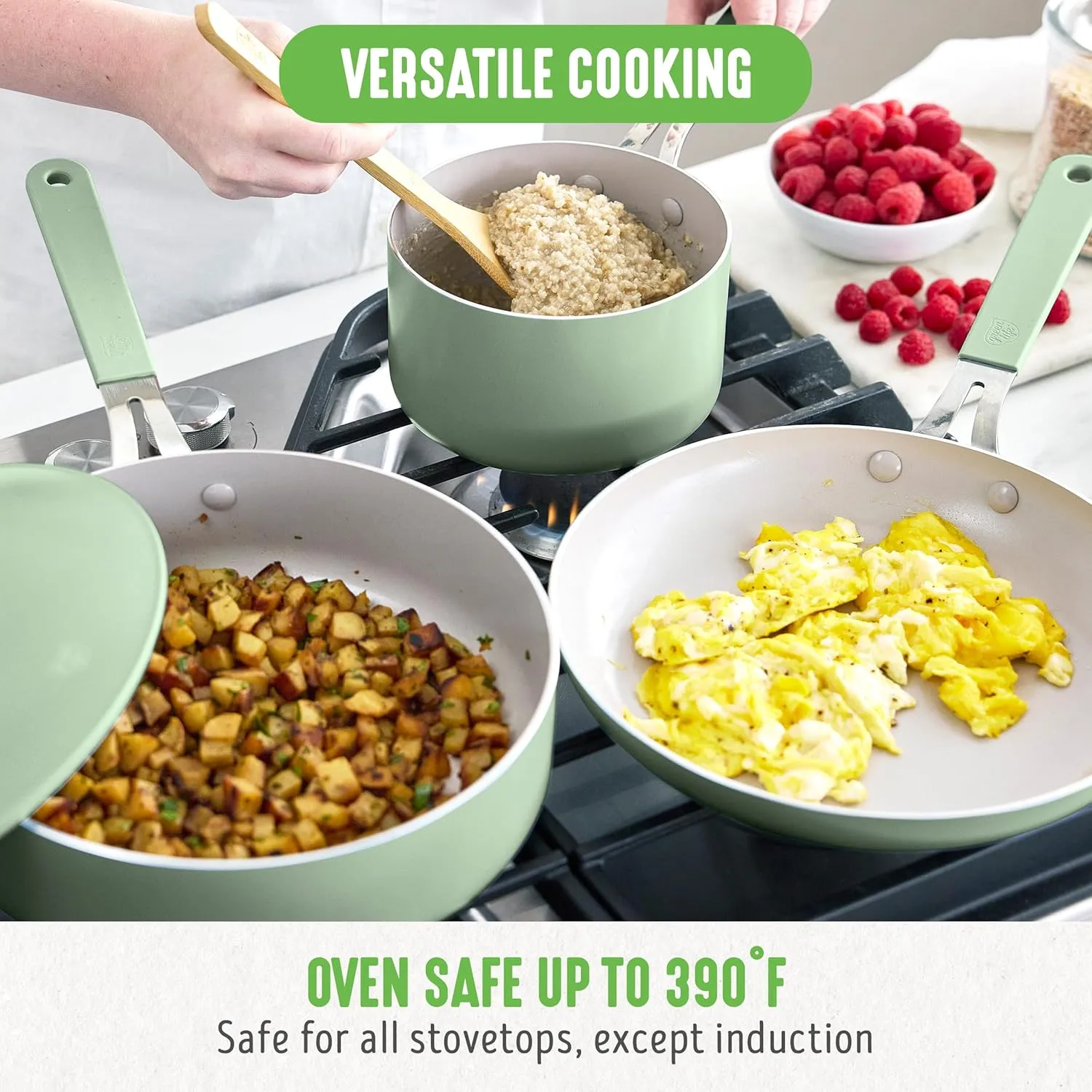 GreenLife 10-Piece Ceramic Nonstick Cookware Set, Dishwasher & Oven Safe, Silicone Stay-Cool Handles, PFAS-Free Ceramic Coated Pots and Pans with Lids, Healthy Kitchen Cooking Set, Dream Sage Green