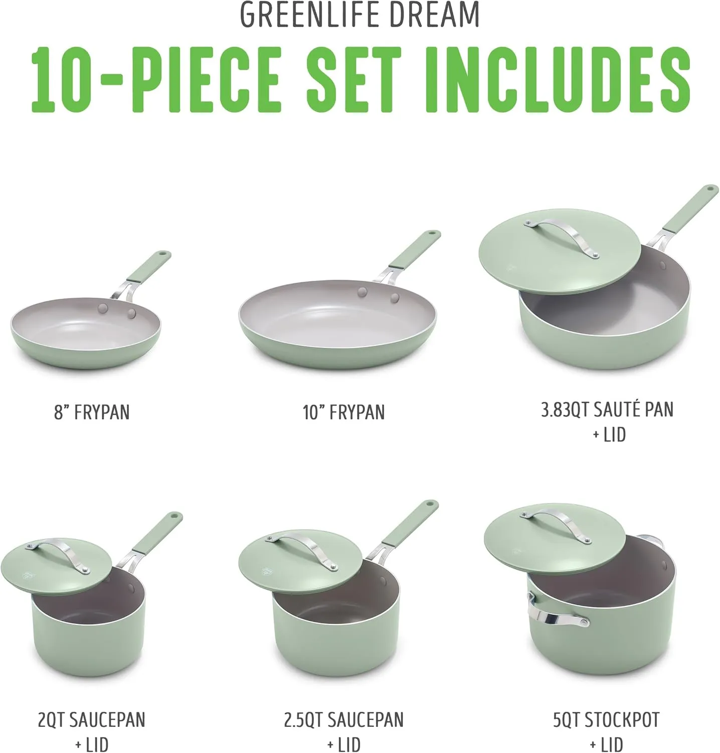 GreenLife 10-Piece Ceramic Nonstick Cookware Set, Dishwasher & Oven Safe, Silicone Stay-Cool Handles, PFAS-Free Ceramic Coated Pots and Pans with Lids, Healthy Kitchen Cooking Set, Dream Sage Green