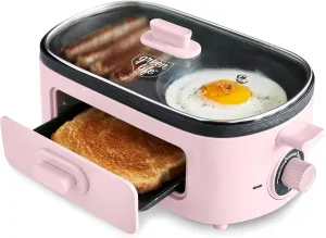 GreenLife 3-in-1 Breakfast Station, Ceramic Nonstick Dual Griddles for Eggs, Meat, Pancakes & Sandwiches   2-Slice Toast Drawer, Healthy Cooking, Timer, Versatile Morning Meal Maker, Pink