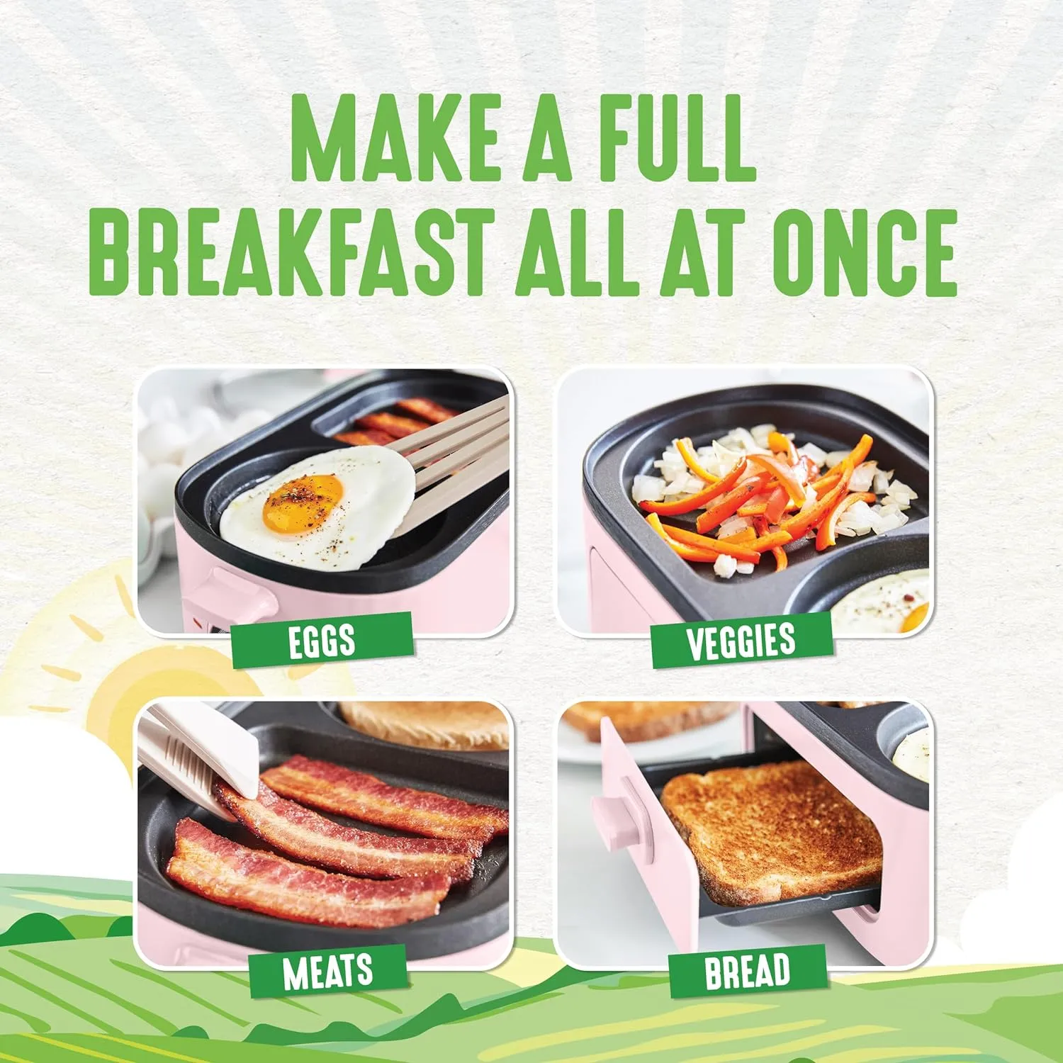 GreenLife 3-in-1 Breakfast Station, Ceramic Nonstick Dual Griddles for Eggs, Meat, Pancakes & Sandwiches   2-Slice Toast Drawer, Healthy Cooking, Timer, Versatile Morning Meal Maker, Pink