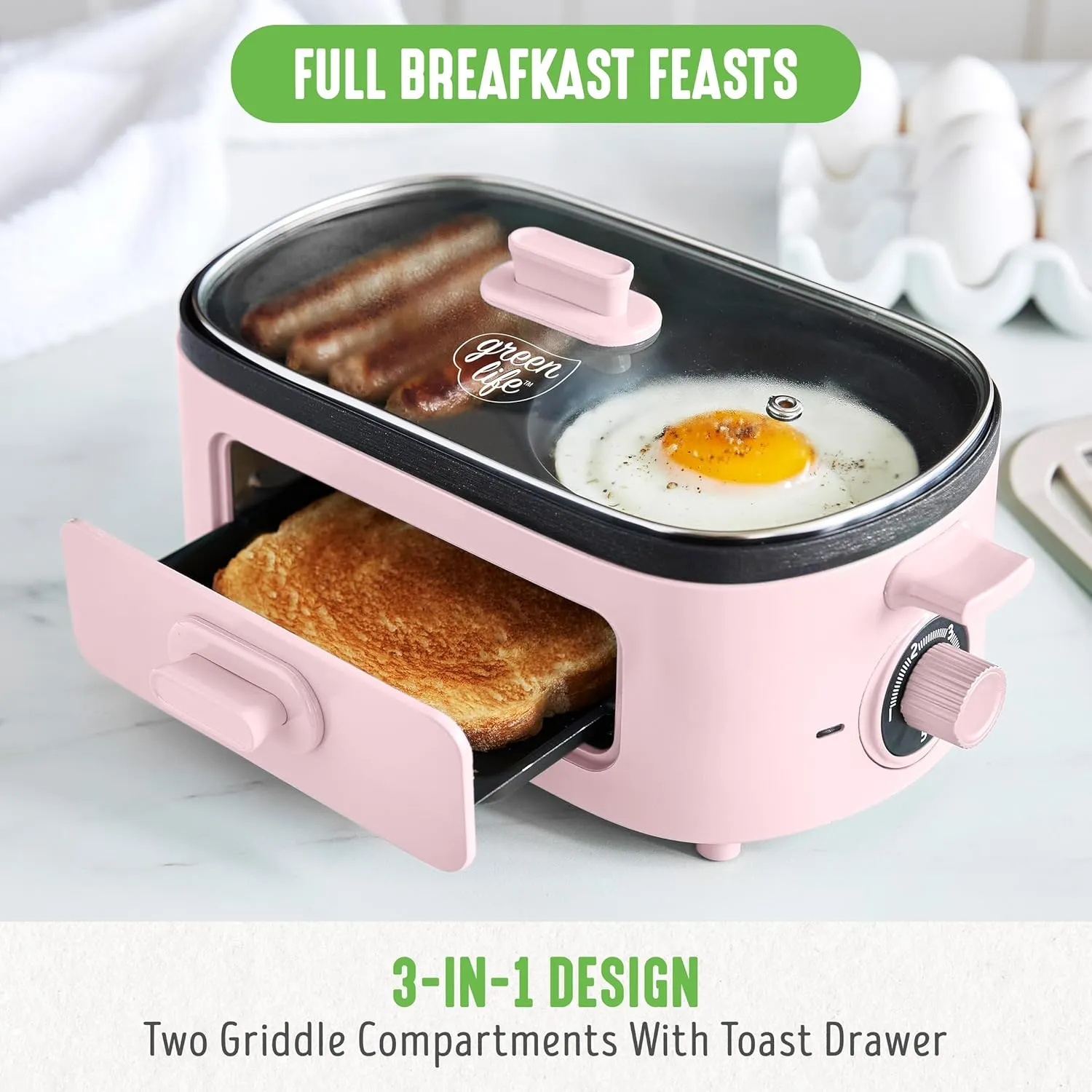 GreenLife 3-in-1 Breakfast Station, Ceramic Nonstick Dual Griddles for Eggs, Meat, Pancakes & Sandwiches   2-Slice Toast Drawer, Healthy Cooking, Timer, Versatile Morning Meal Maker, Pink