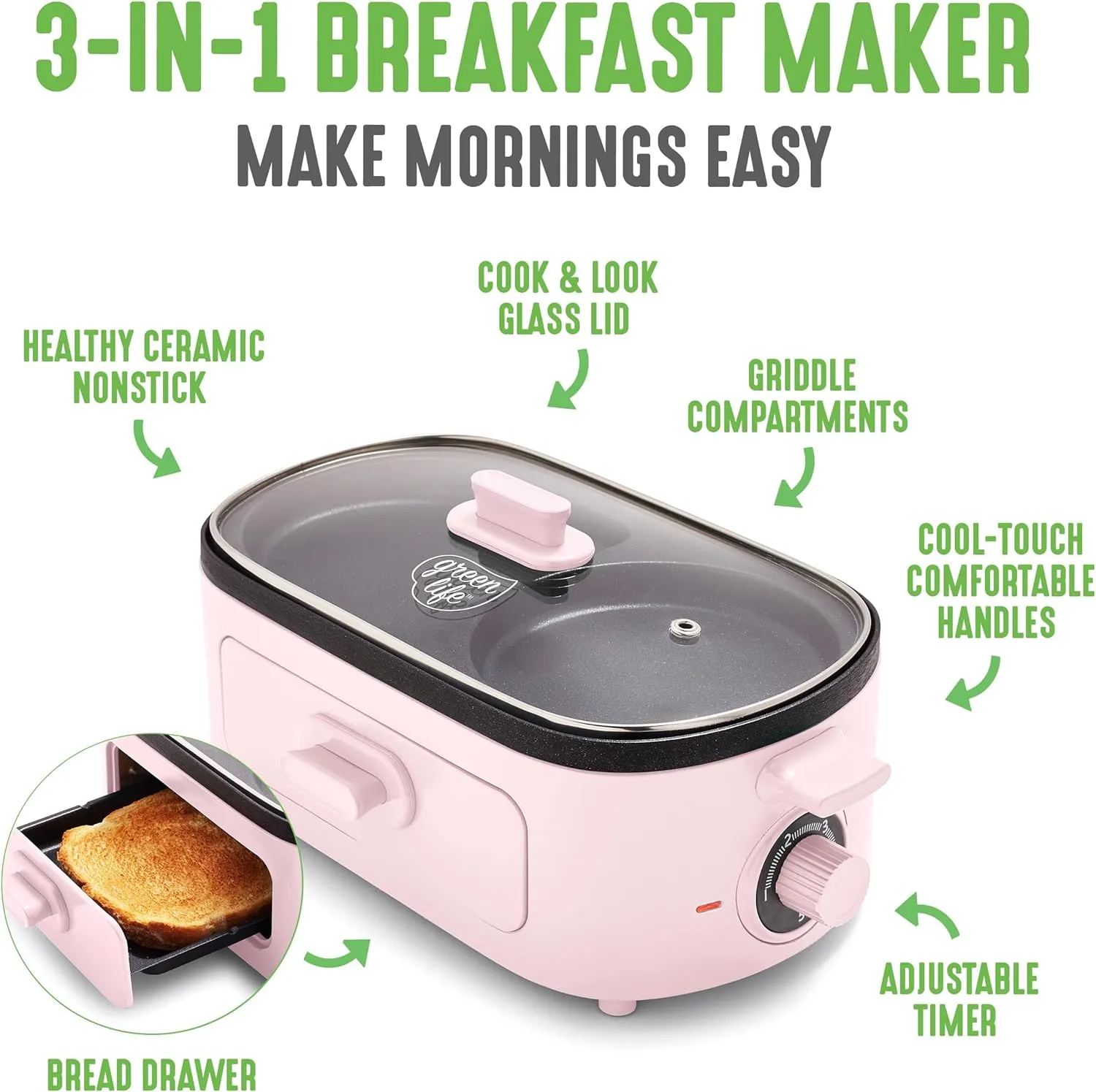 GreenLife 3-in-1 Breakfast Station, Ceramic Nonstick Dual Griddles for Eggs, Meat, Pancakes & Sandwiches   2-Slice Toast Drawer, Healthy Cooking, Timer, Versatile Morning Meal Maker, Pink
