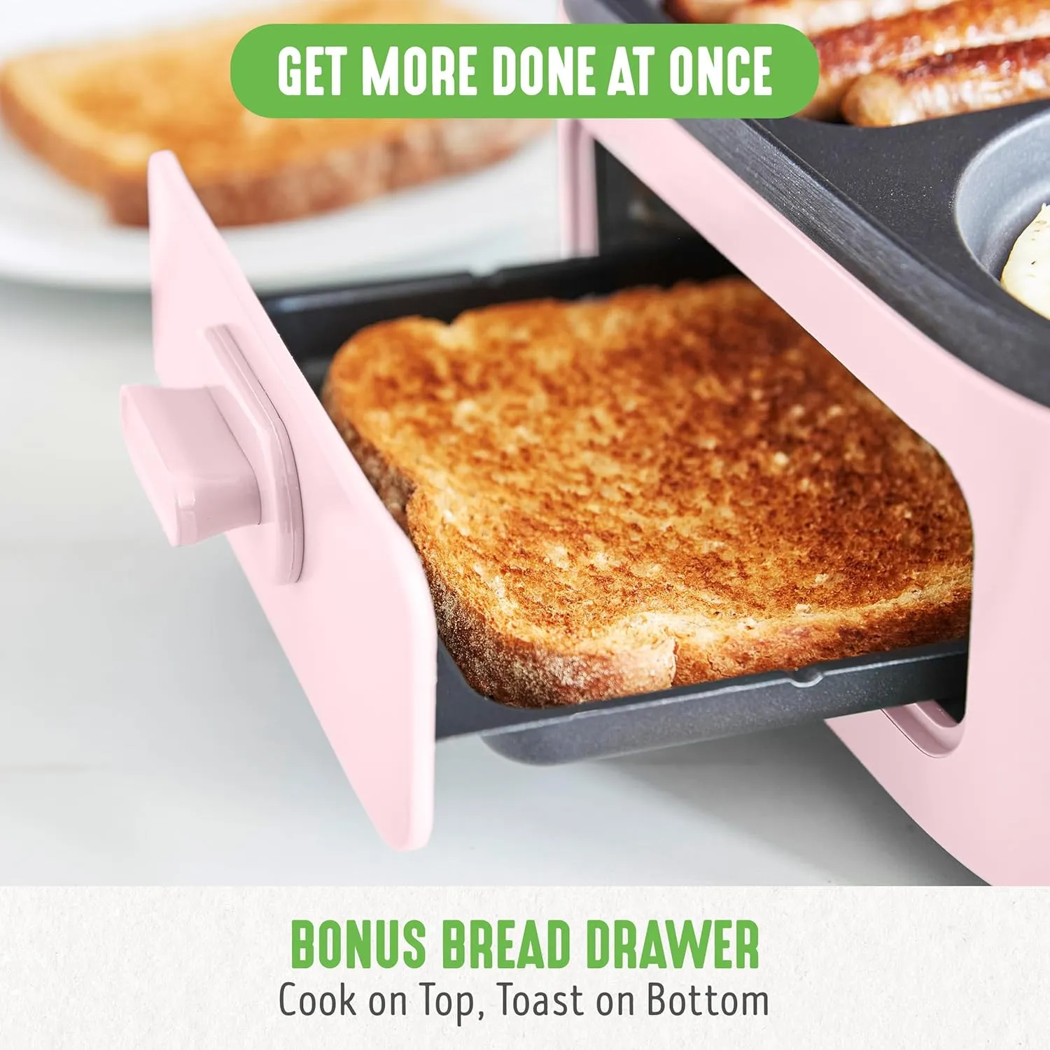 GreenLife 3-in-1 Breakfast Station, Ceramic Nonstick Dual Griddles for Eggs, Meat, Pancakes & Sandwiches   2-Slice Toast Drawer, Healthy Cooking, Timer, Versatile Morning Meal Maker, Pink