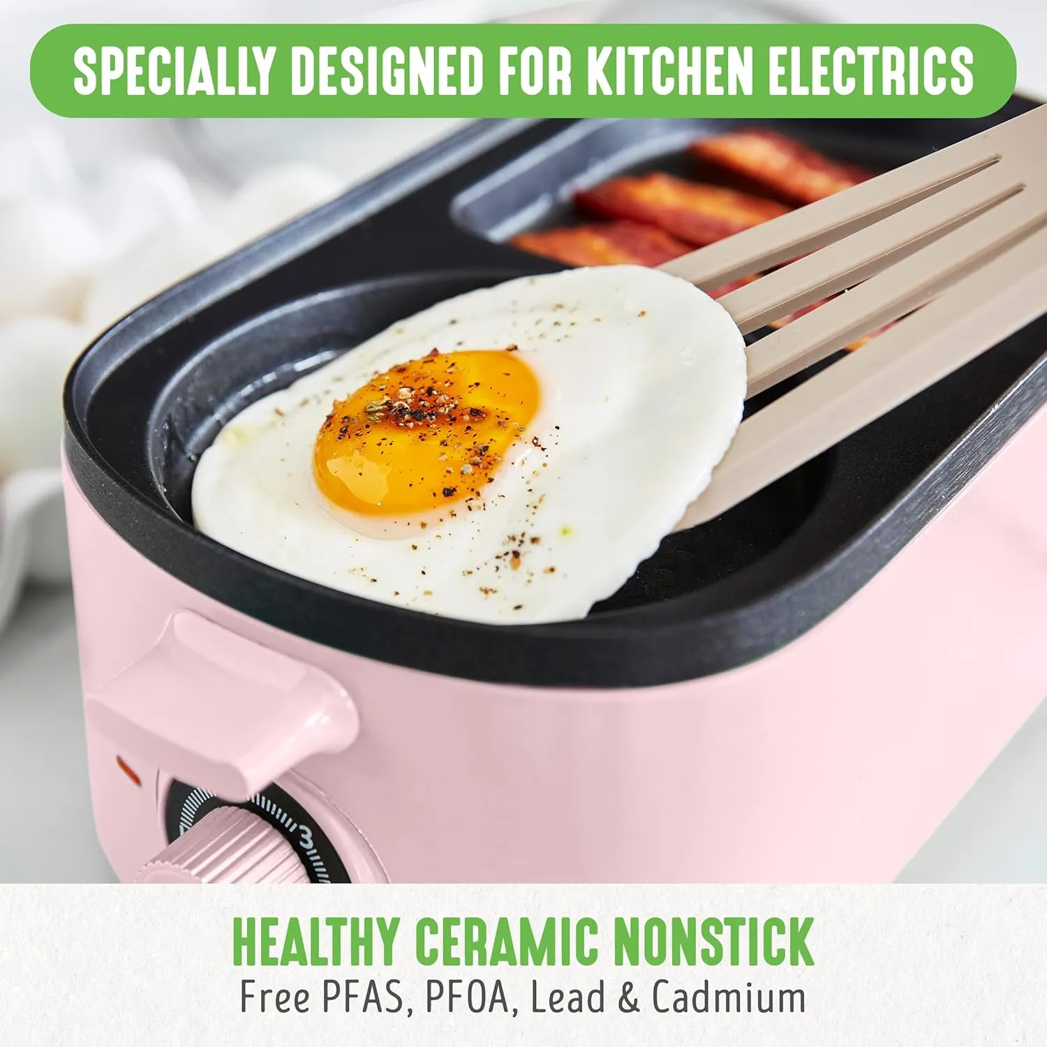 GreenLife 3-in-1 Breakfast Station, Ceramic Nonstick Dual Griddles for Eggs, Meat, Pancakes & Sandwiches   2-Slice Toast Drawer, Healthy Cooking, Timer, Versatile Morning Meal Maker, Pink