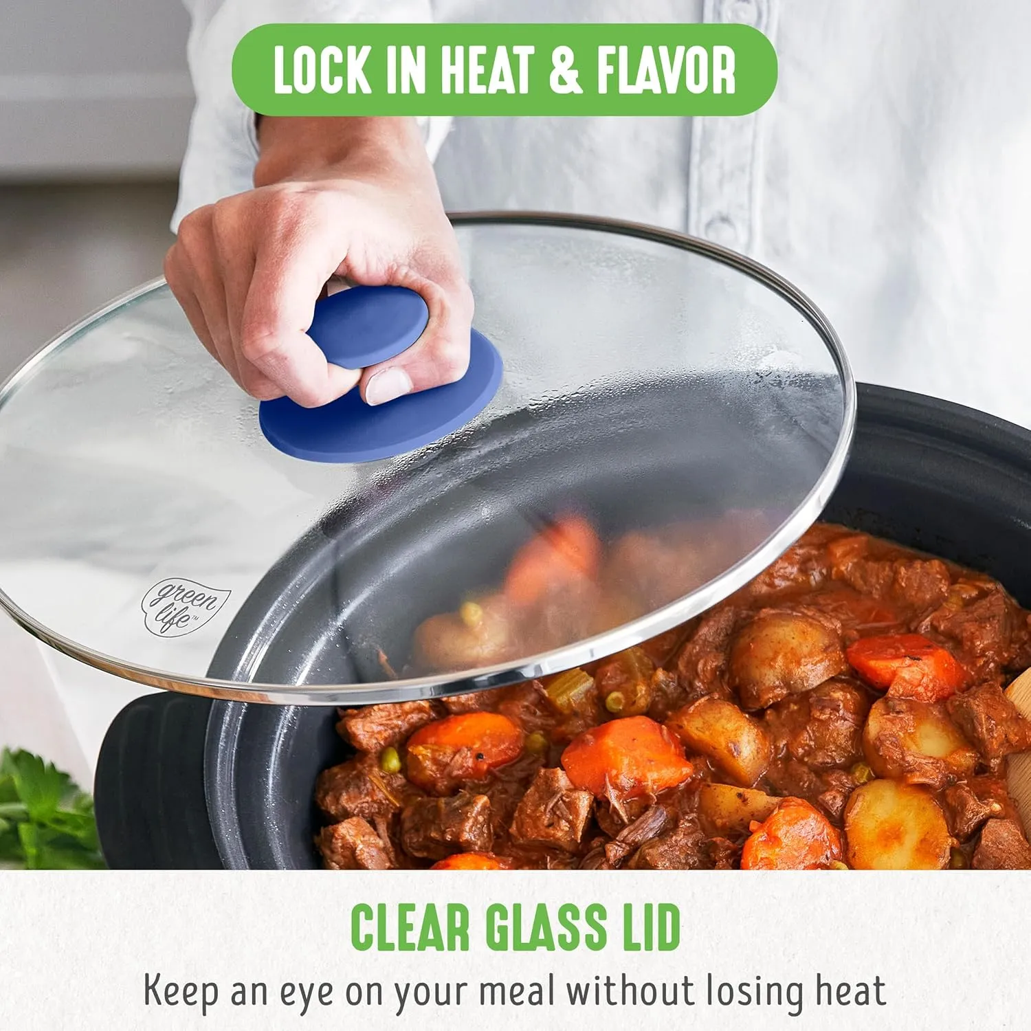 GreenLife 6 Quart Ceramic Slow Cooker, PFAS-Free, Programmable, Removable Healthy Nonstick Pot for Family Meals, Sear on Stovetop, Keep Warm, Digital Timer, Dishwasher Safe Glass Lid & Crock, Blue