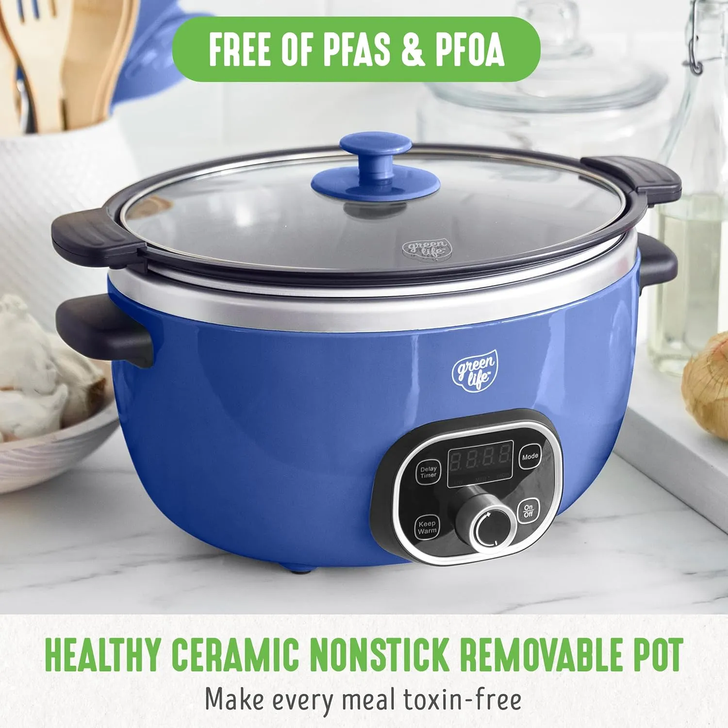 GreenLife 6 Quart Ceramic Slow Cooker, PFAS-Free, Programmable, Removable Healthy Nonstick Pot for Family Meals, Sear on Stovetop, Keep Warm, Digital Timer, Dishwasher Safe Glass Lid & Crock, Blue