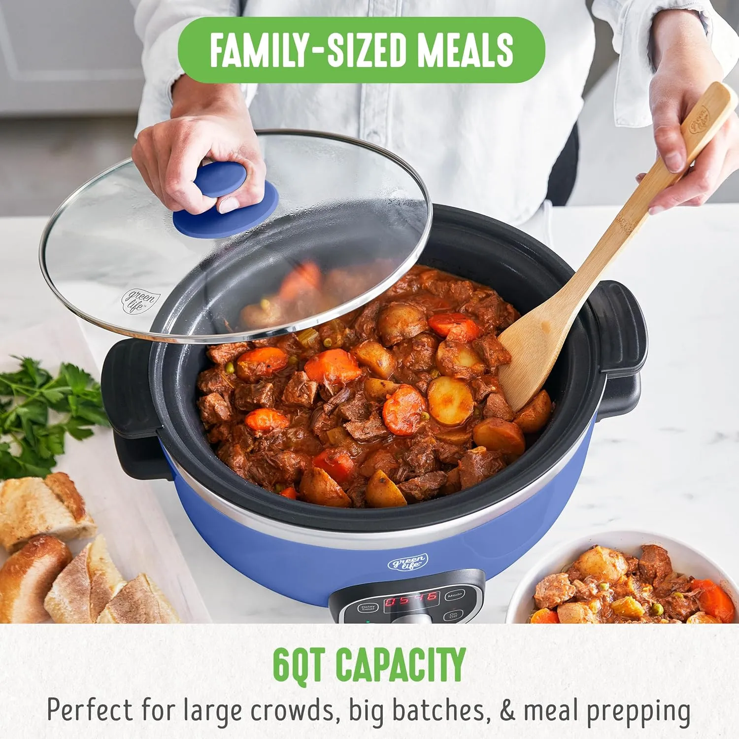 GreenLife 6 Quart Ceramic Slow Cooker, PFAS-Free, Programmable, Removable Healthy Nonstick Pot for Family Meals, Sear on Stovetop, Keep Warm, Digital Timer, Dishwasher Safe Glass Lid & Crock, Blue