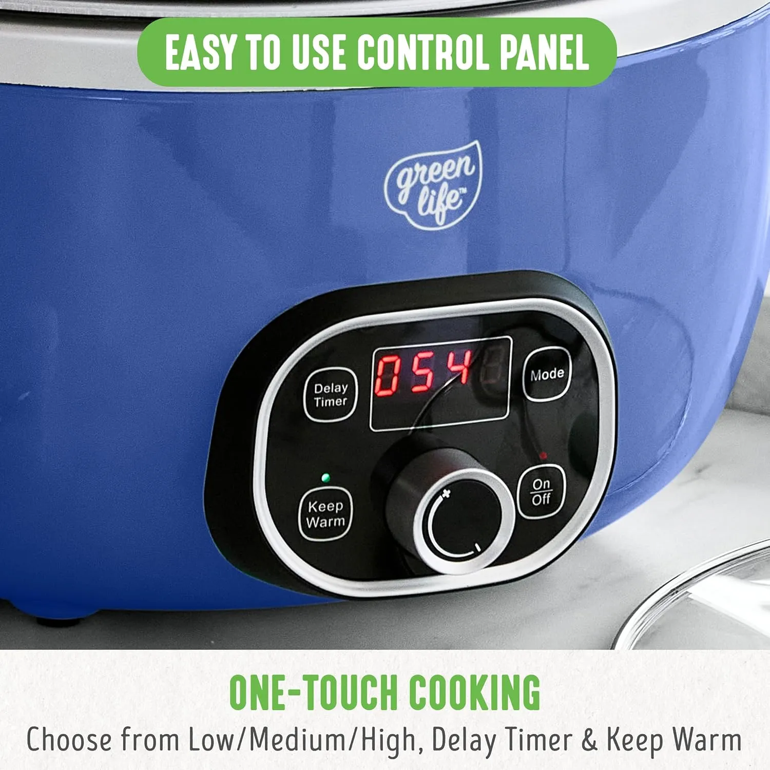 GreenLife 6 Quart Ceramic Slow Cooker, PFAS-Free, Programmable, Removable Healthy Nonstick Pot for Family Meals, Sear on Stovetop, Keep Warm, Digital Timer, Dishwasher Safe Glass Lid & Crock, Blue