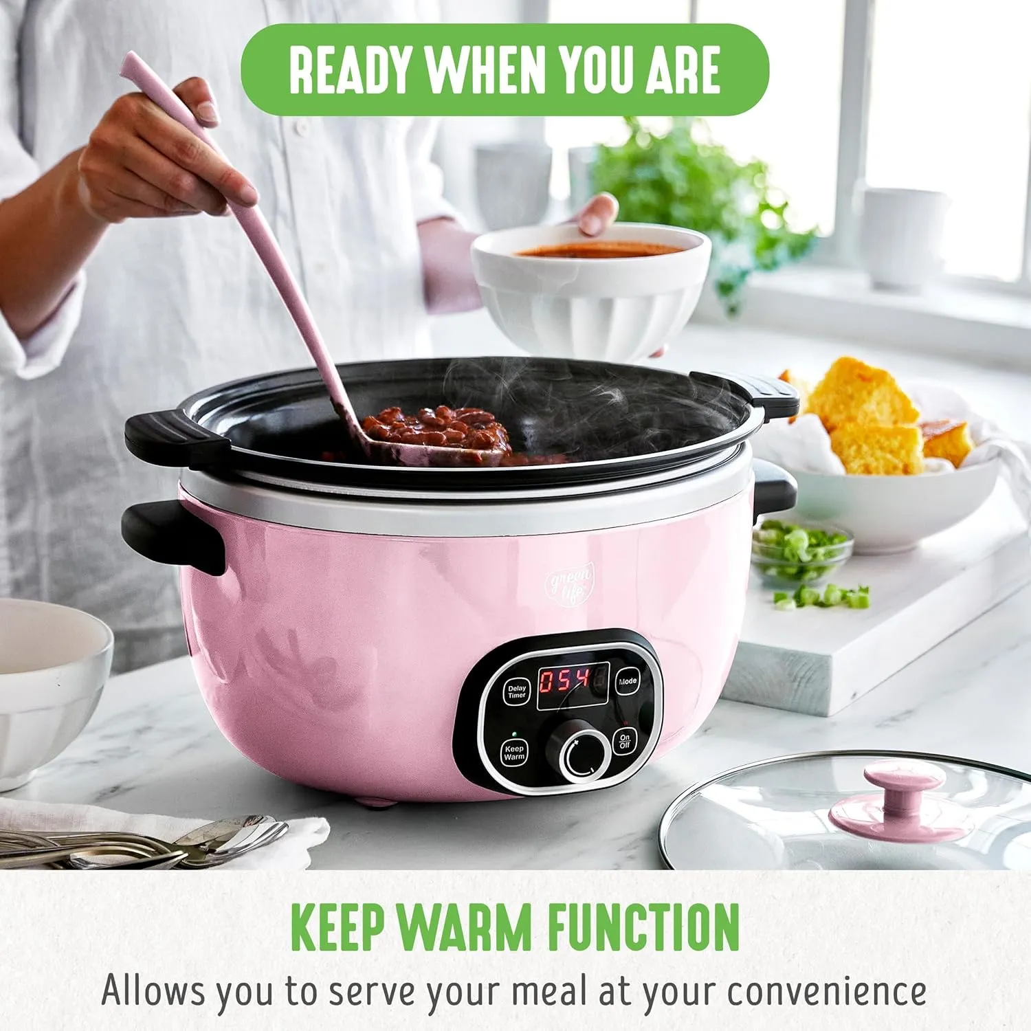 GreenLife 6 Quart Ceramic Slow Cooker, PFAS-Free, Programmable, Removable Healthy Nonstick Pot for Family Meals, Sear on Stovetop, Keep Warm, Digital Timer, Dishwasher Safe Glass Lid & Crock, Pink