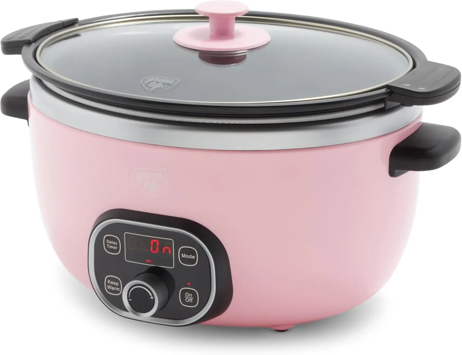 GreenLife 6 Quart Ceramic Slow Cooker, PFAS-Free, Programmable, Removable Healthy Nonstick Pot for Family Meals, Sear on Stovetop, Keep Warm, Digital Timer, Dishwasher Safe Glass Lid & Crock, Pink
