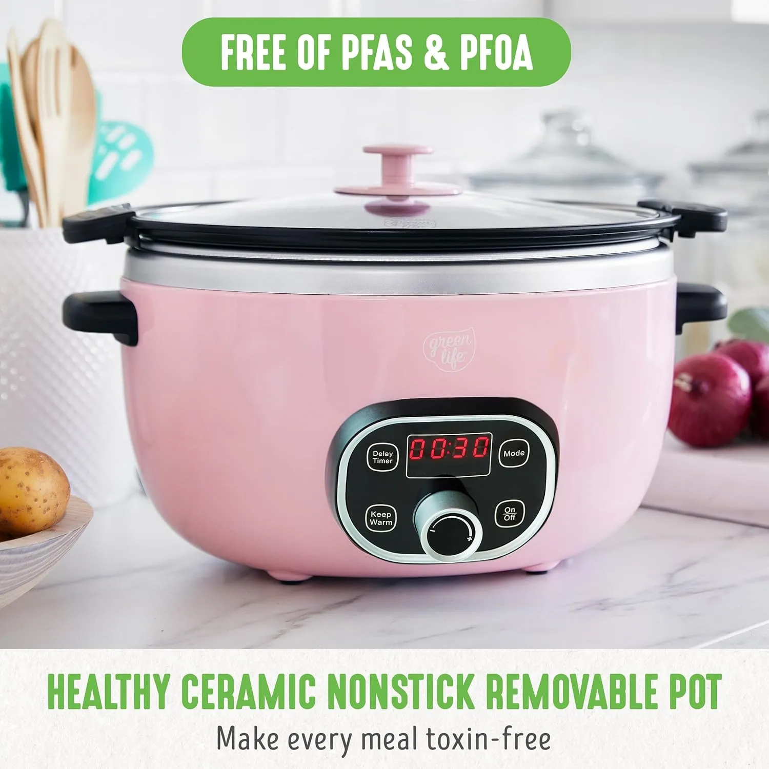 GreenLife 6 Quart Ceramic Slow Cooker, PFAS-Free, Programmable, Removable Healthy Nonstick Pot for Family Meals, Sear on Stovetop, Keep Warm, Digital Timer, Dishwasher Safe Glass Lid & Crock, Pink