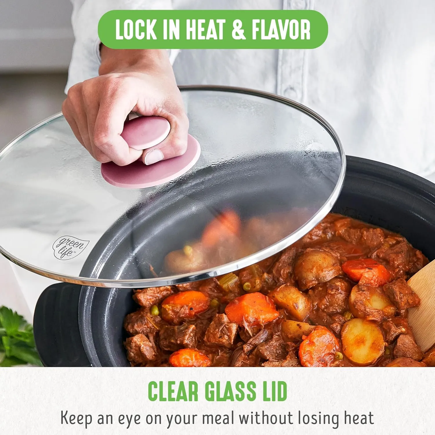 GreenLife 6 Quart Ceramic Slow Cooker, PFAS-Free, Programmable, Removable Healthy Nonstick Pot for Family Meals, Sear on Stovetop, Keep Warm, Digital Timer, Dishwasher Safe Glass Lid & Crock, Pink