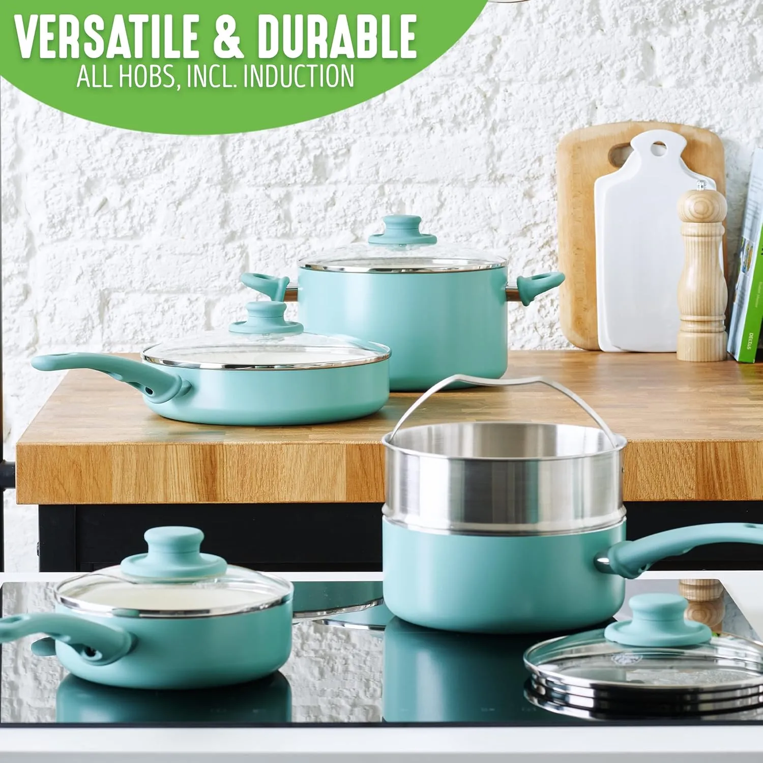 GreenLife Soft Grip Healthy Ceramic Nonstick, 15 pc Ceramic Cookware Set, PFAS-Free, Induction, Turquoise