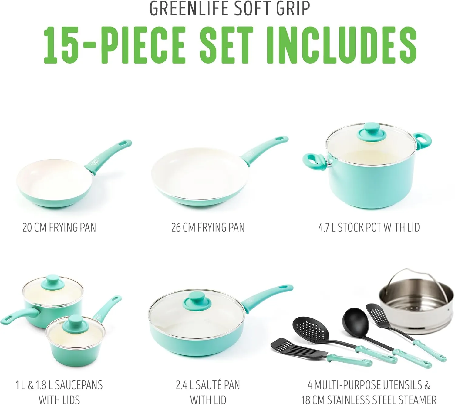 GreenLife Soft Grip Healthy Ceramic Nonstick, 15 pc Ceramic Cookware Set, PFAS-Free, Induction, Turquoise