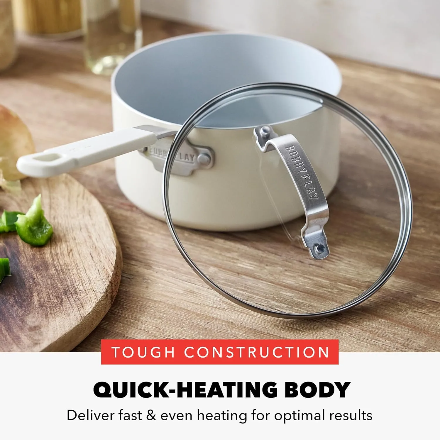 GreenPan x Bobby Flay 2.53QT Saucepan with Glass Lid, Professional Grade Aluminum, PFAS & PFOA-Free Ceramic Nonstick, Induction Suitable, Stay-Cool Silicone Handle, Dishwasher & Oven Safe, Cream