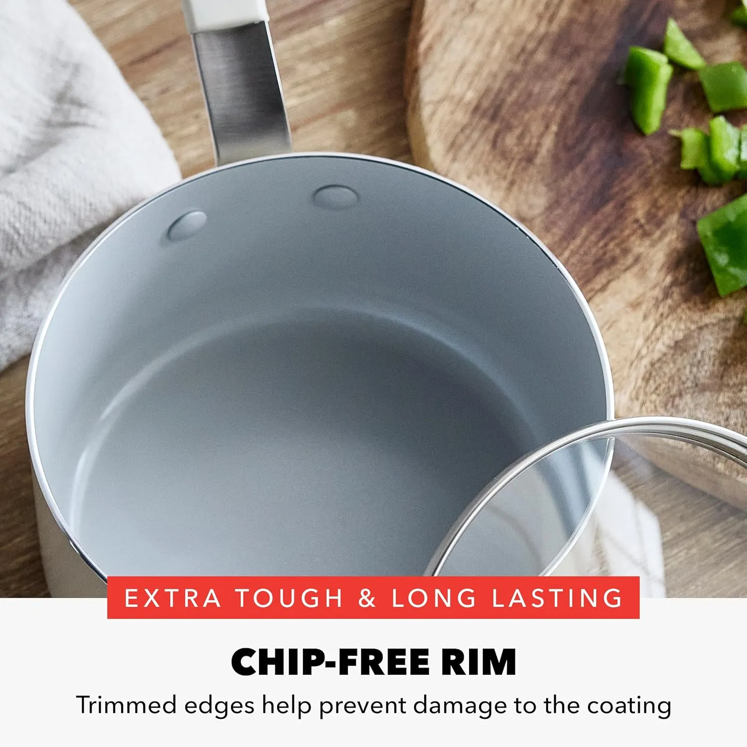 GreenPan x Bobby Flay 2.53QT Saucepan with Glass Lid, Professional Grade Aluminum, PFAS & PFOA-Free Ceramic Nonstick, Induction Suitable, Stay-Cool Silicone Handle, Dishwasher & Oven Safe, Cream