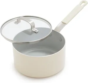 GreenPan x Bobby Flay 2.53QT Saucepan with Glass Lid, Professional Grade Aluminum, PFAS & PFOA-Free Ceramic Nonstick, Induction Suitable, Stay-Cool Silicone Handle, Dishwasher & Oven Safe, Cream