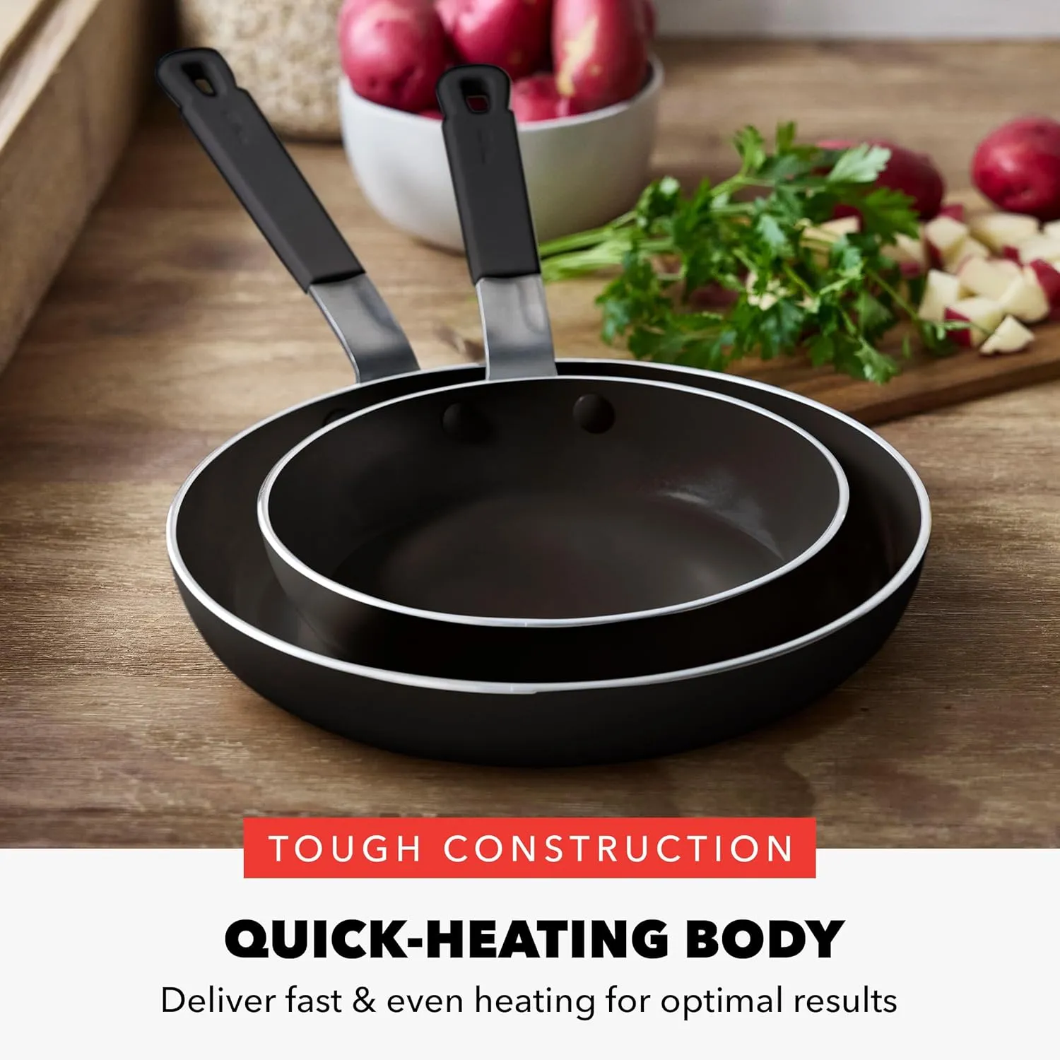 GreenPan x Bobby Flay 8” and 10” Frying Pan Skillet Set, Professional Grade Aluminum, PFAS & PFOA-Free Ceramic Nonstick, Induction Suitable, Stay-Cool Silicone Handle, Dishwasher & Oven Safe, Black
