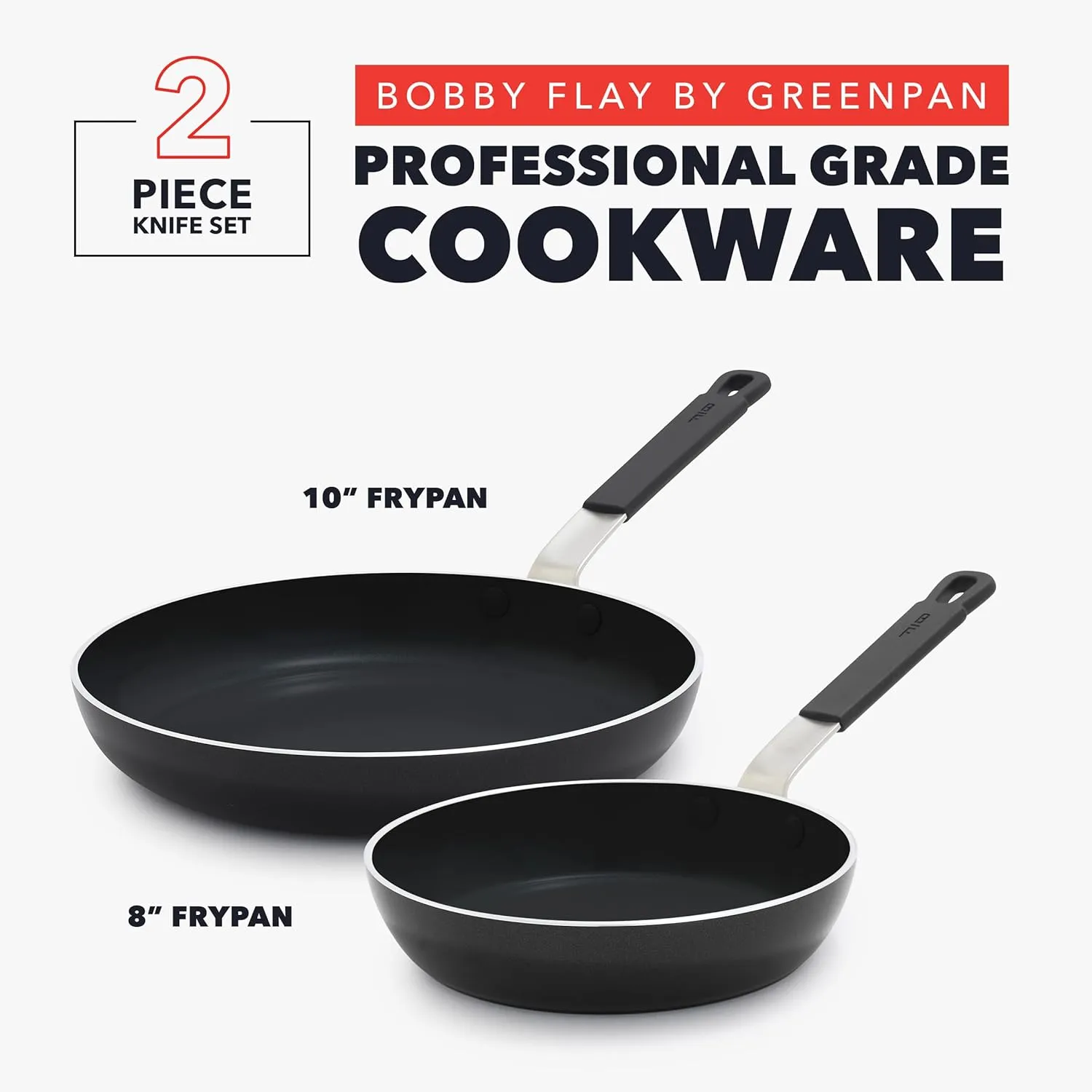 GreenPan x Bobby Flay 8” and 10” Frying Pan Skillet Set, Professional Grade Aluminum, PFAS & PFOA-Free Ceramic Nonstick, Induction Suitable, Stay-Cool Silicone Handle, Dishwasher & Oven Safe, Black