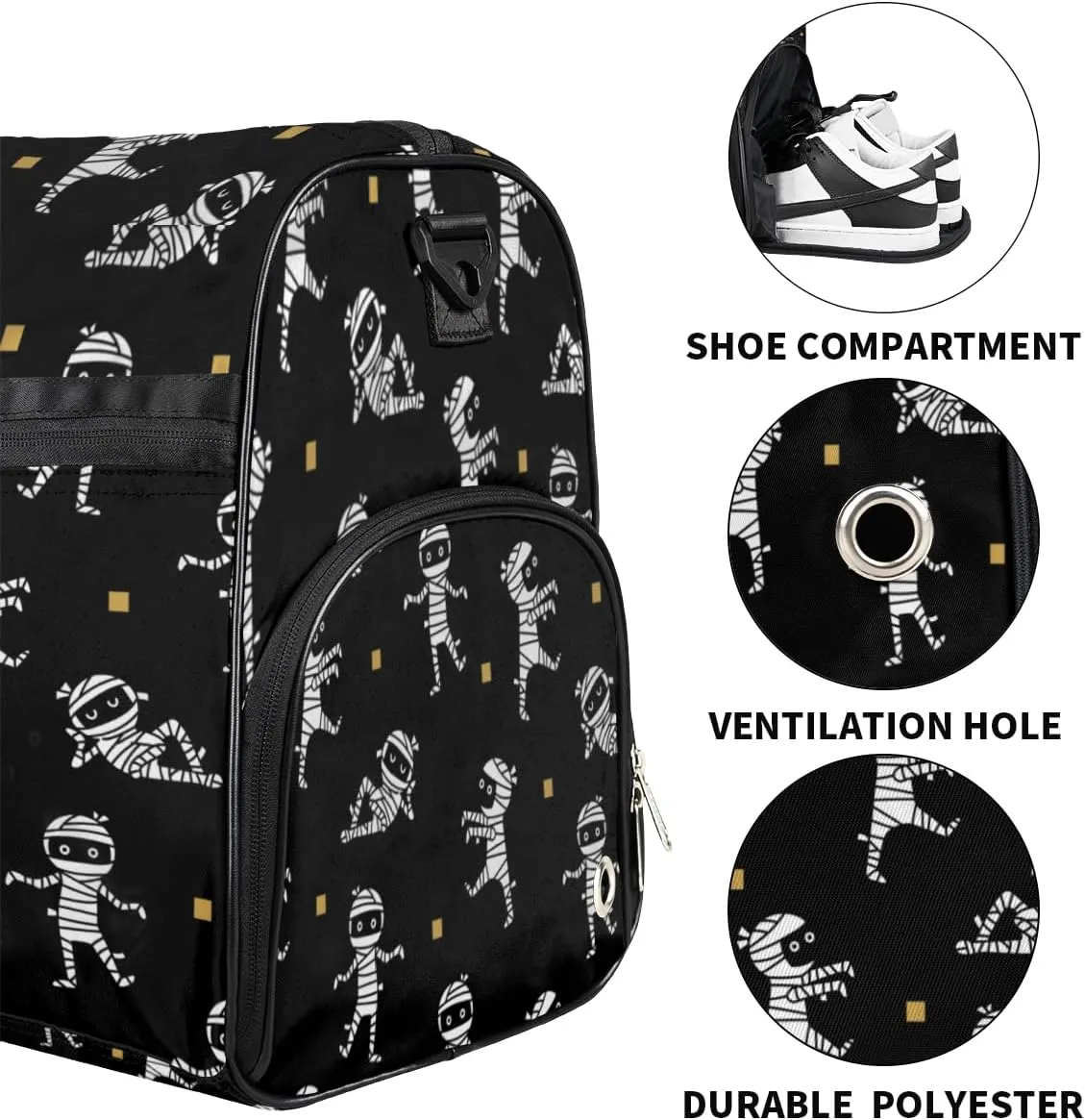 Halloween Mummy Sports Gym Bag for Women Men Travel Duffel Bag with Wet Pocket & Shoes Compartment Waterproof Weekender Overnight Tote Carry on Bag Lightweight