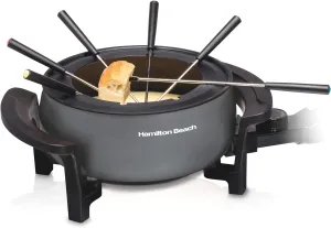 Hamilton Beach 12 Cup Electric Fondue Pot Set with Temperature Control, 6-Color Coded Forks, for Cheese, Chocolate, Hot Oil, Broth, 3 Quart PFAS-Free Nonstick Interior, Gray (86202)