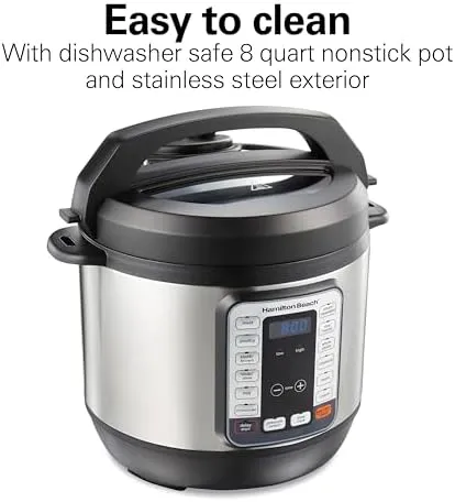 Hamilton Beach 12-in-1 Electric Pressure Cooker with True Slow Cook Technology, Sautés, Browns, Steams, Rice Function, Egg and More, 8 Quart Capacity, Stainless Steel (34508)